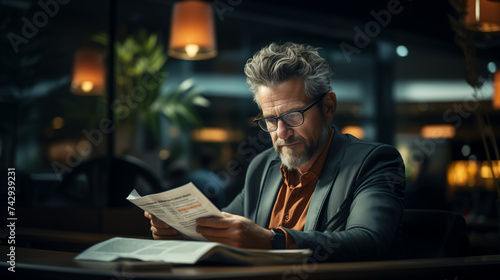 50s man reading a contract, wearing glasses and a suit in an office 