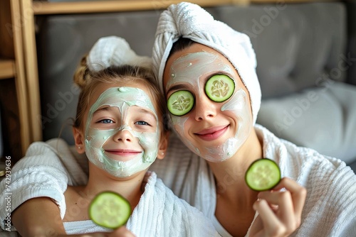 A mother and daughter share a playful moment, their faces adorned with cooling cucumbers, as they relax in the comfort of their home photo