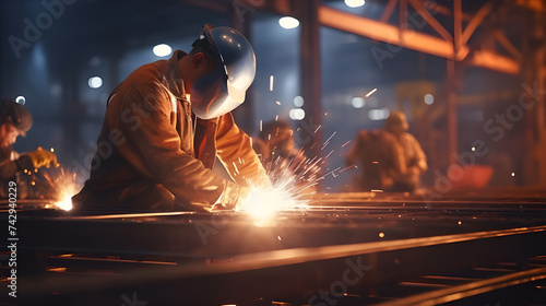  Engineers inspecting welding work and ensuring weld quality and integrity are maintained during the fabrication of structural steel components on a construction site. photo
