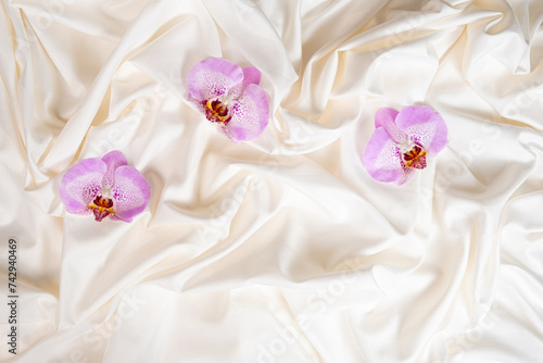 An orchid flower on crumpled bedding. Womens Health Concept.