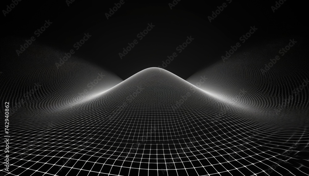 Perspective distorted black grid. Digital background with wireframe wave. Vector curve surface - obrazy, fototapety, plakaty 