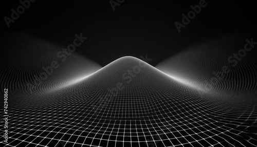 Perspective distorted black grid. Digital background with wireframe wave. Vector curve surface
