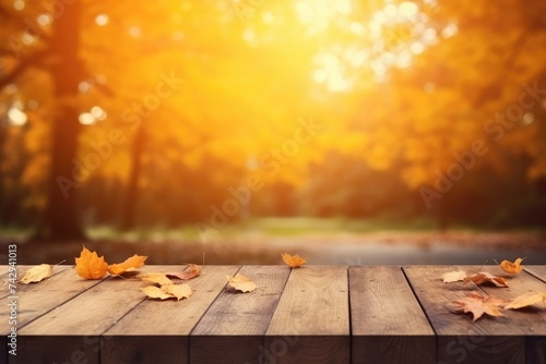 Golden autumn leaves scattered on a wooden deck, with a warm sunrise illuminating a tranquil forest backdrop. © Vilaysack