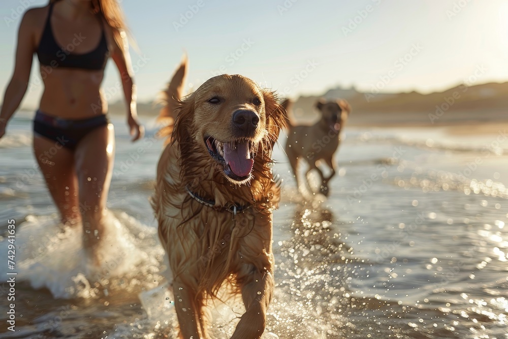 A carefree woman and her pack of energetic dogs splash through the refreshing ocean waters, basking in the warm sun and embracing the joy of outdoor adventure