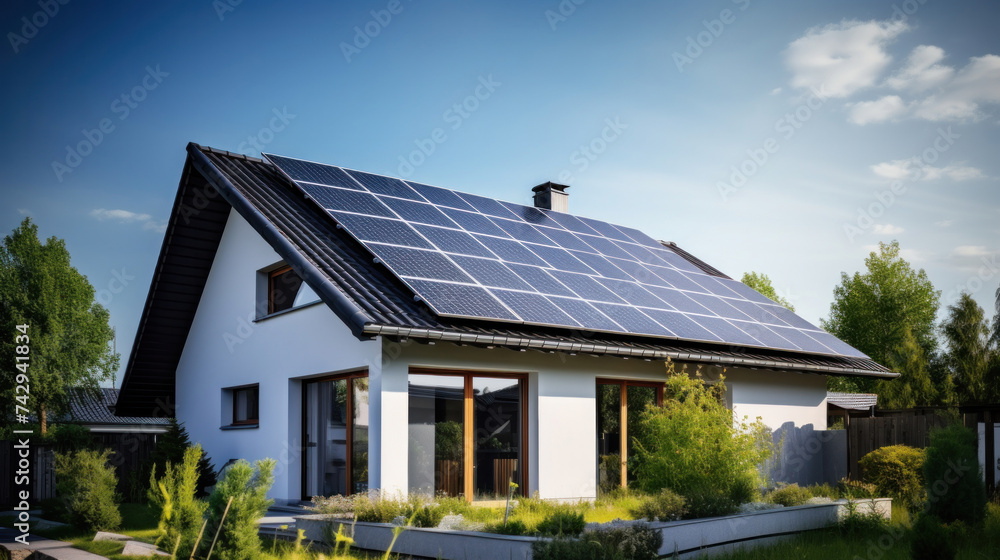 A brand new structure with dark solar panels. newly constructed homes with solar panels on the roof under a bright sky. A brand new structure with dark solar panels. newly constructed homes with solar panels on the roof under a bright sky.