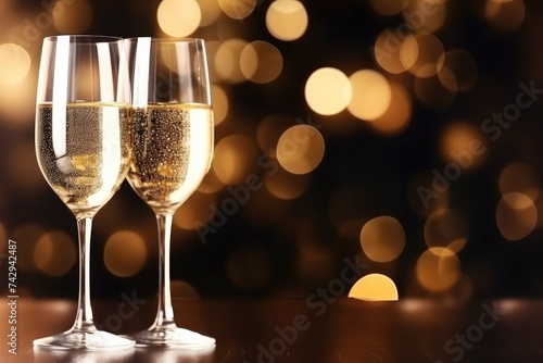 Two elegant champagne glasses filled with sparkling wine, set against a festive golden bokeh light backdrop for celebrations.
