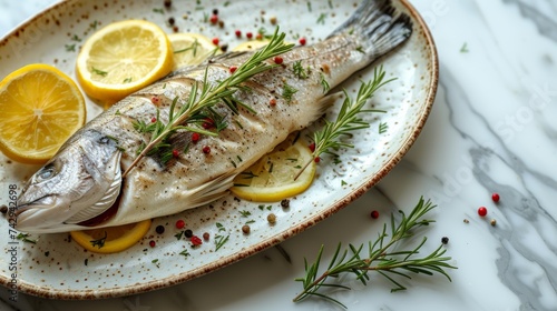 Sea bass on a plate, gourmet, seafood, fresh herbs, culinary, marble background