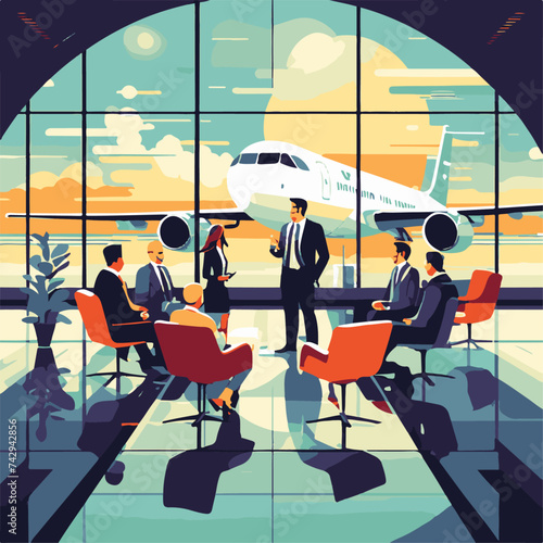 Airport interior with passengers and plane. Vector illustration in flat style