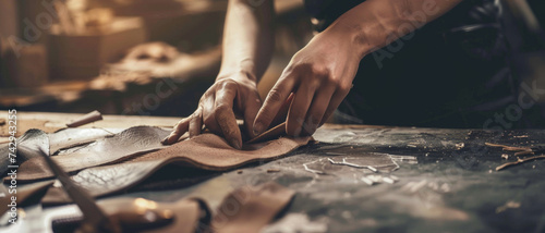 Artisan's hands meticulously crafting leatherwork with passion and precision. photo