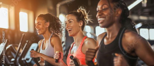 Joyful diverse women exercising on treadmills in a vibrant gym setting.