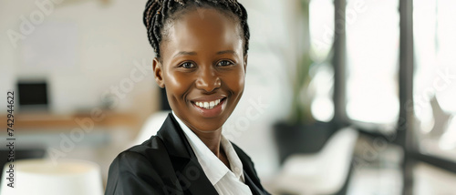 Professional woman smiling confidently, poised in a bright office.