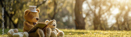 A serene outdoor scene with a teddy bear wearing a nurses cap reading a storybook to a group of attentive plush patients fostering healing through storytelling photo