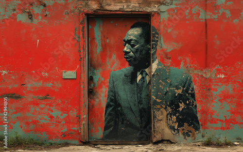 A comics image of nigerian leader on his door, in the style of sovietwave