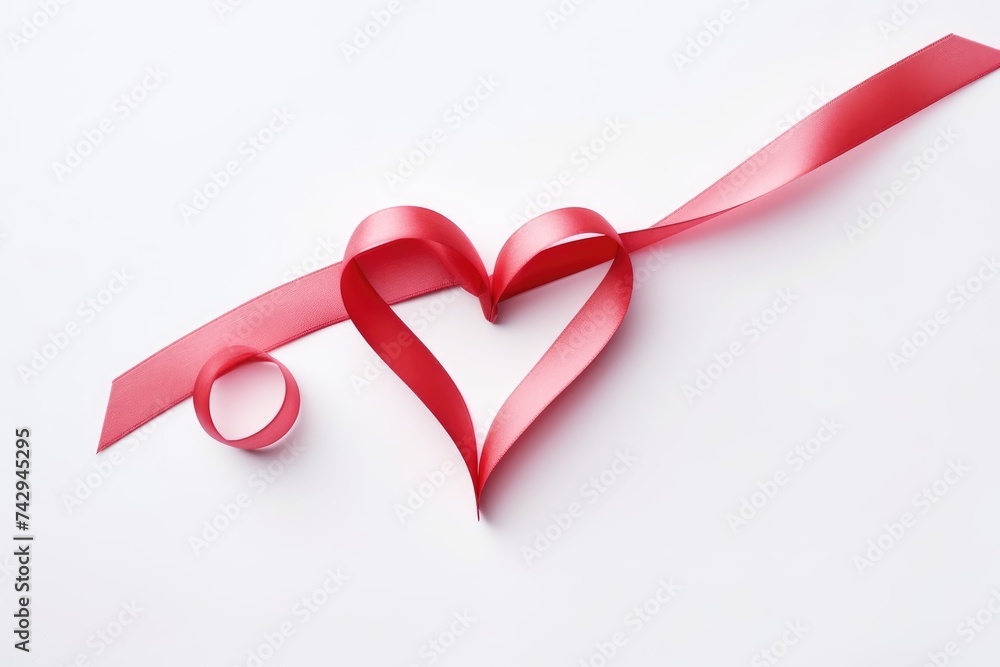 A romantic red ribbon tied in a heart shape, perfect for Valentine's Day themes, on a clean white background.