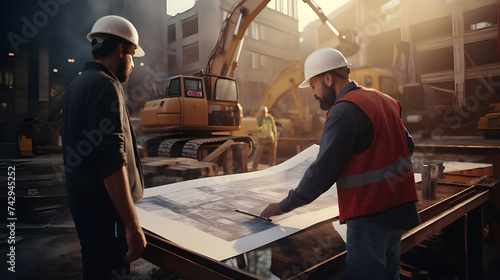  Engineers reviewing project blueprints and discussing design modifications while standing on a construction site, surrounded by construction materials and equipment.