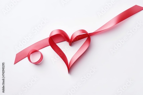 A romantic red ribbon tied in a heart shape, perfect for Valentine's Day themes, on a clean white background.