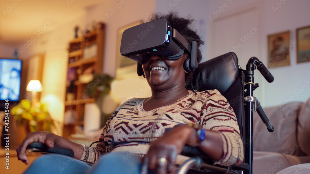 Happy candid senior disabled woman VR gaming at home wearing a VR headset. Black female gamer in a wheelchair gaming with virtual reality headset. AI generated