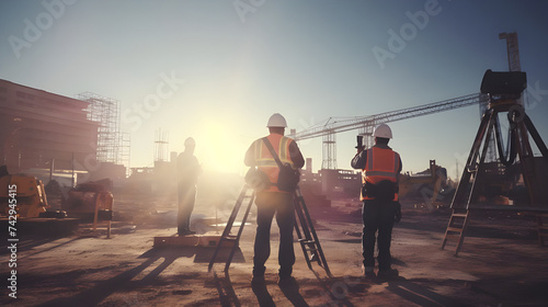 Engineers conducting a site survey and using laser equipment to measure distances and angles for precise construction planning on a bustling construction site.