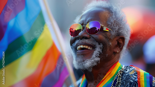 Mature black african american gay man celebrating pride festival with rainbow flags, candid LGBTQ+ summer parade 