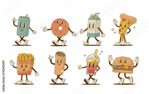 Set of retro cartoon food and drink characters vector illustration. Vintage pizza, donut, doner, milk, burger, soda can, french fries, smoothie mascot on white background. Fastfood collection