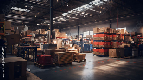 Modern large warehouse storehouse shipping transport logistic shipping cargo center.