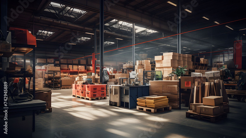 Modern large warehouse storehouse shipping transport logistic shipping cargo center.