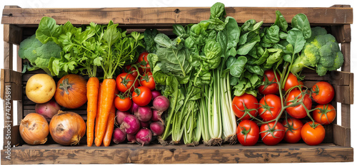 Fresh vegetables and herbs in a wooden crate, top view PNG, in a Garden-to-table-themed, isolated, and transparent photorealistic illustration. Generative ai