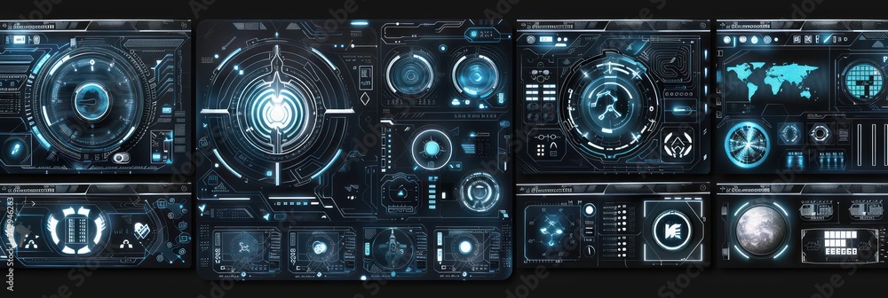 Futuristic control panel with interactive interfaces and dials. Background for technological processes, science, presentations, etc