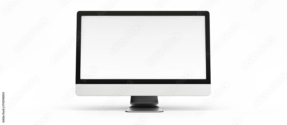 A computer monitor with a blank screen sitting on top of a desk. The monitor is positioned on a white background, highlighting its sleek design and simple setup. A computer monitor with a blank screen sitting on top of a desk. The monitor is positioned on a white background, highlighting its sleek design and simple setup.