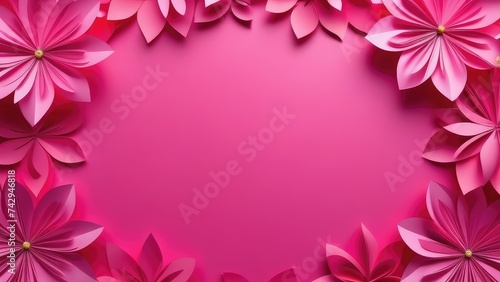 pink flower frame. Pink paper flowers background with empty space for text or greeting card design. Postcard for International Women's Day and Mother's Day. © DNV