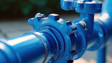 Close up of new blue taps with valve for drinking water pipeline.