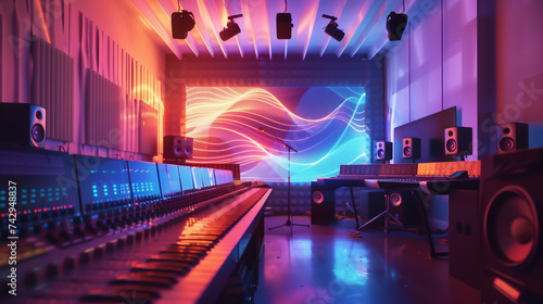 Professional recording studio equipment in a blue virtual environment which includes meta data machine learning, computer, stock illustration image photo
