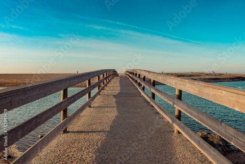 Centered perspective of wooden bridge over the mouth of Sizandro towards the beach dune  S  o Pdero da Cadeira PORTUGAL