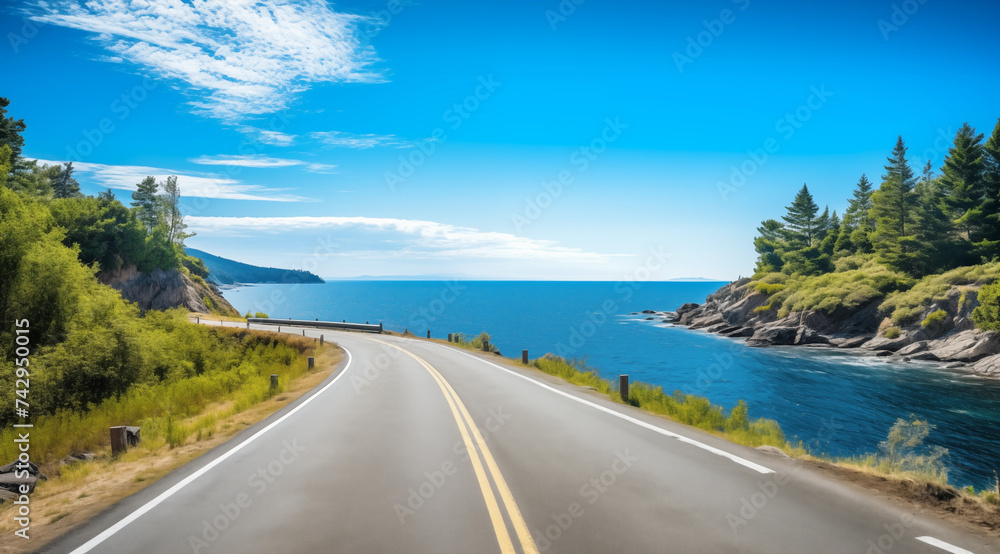 long road along to the ocean leading to the sea - paradise beach coast landscape - travel vacation promotion ad asset illustration