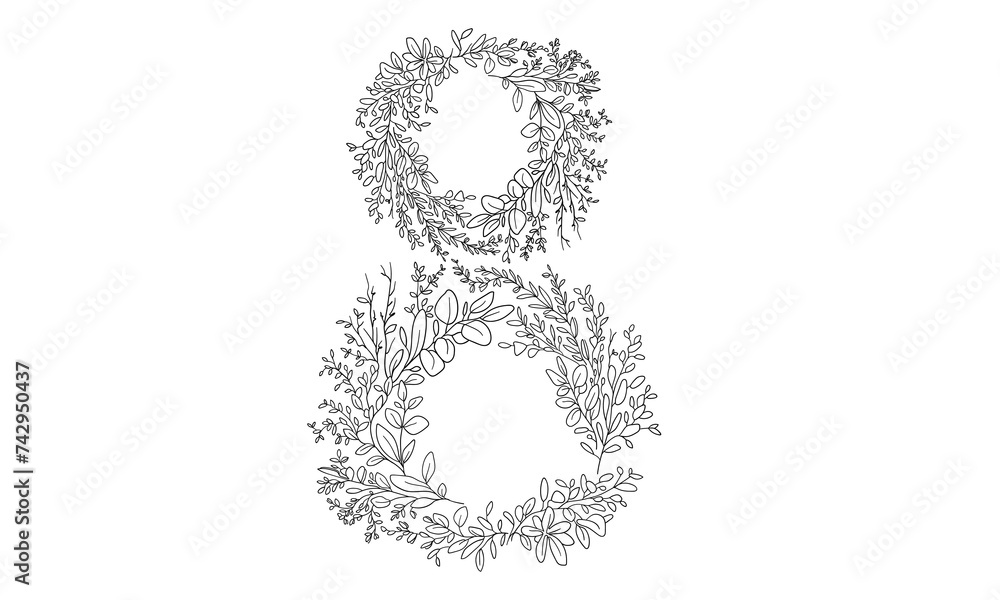 Woman day sprig circle border. Floral wreath line art drawing on white background. Wreath flowers tattoo. 8 march design elements outline. Woman day sprig circle border. Floral wreath line art drawing on white background. Wreath flowers tattoo. 8 march design elements outline.