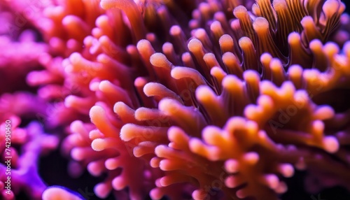 This is a macro photograph of soft zoanthid coral polyps showing contrasting colors