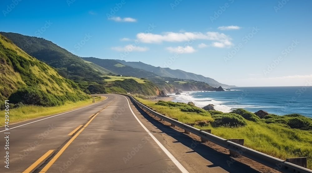 long road along to the ocean leading to the sea - paradise beach coast landscape - travel vacation promotion ad asset illustration