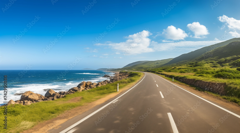 long road along to the ocean leading to the sea - paradise beach coast landscape - travel vacation promotion ad asset illustration