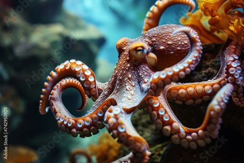 Pulpo en hábitat marino natural moviendose con sus tentaculos a traves del mar