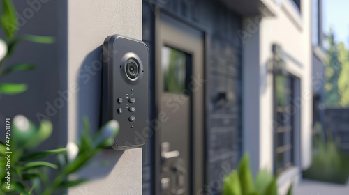 Modern intercom system installed at the entrance of a residential building with a blurred background of a house entrance and greenery.