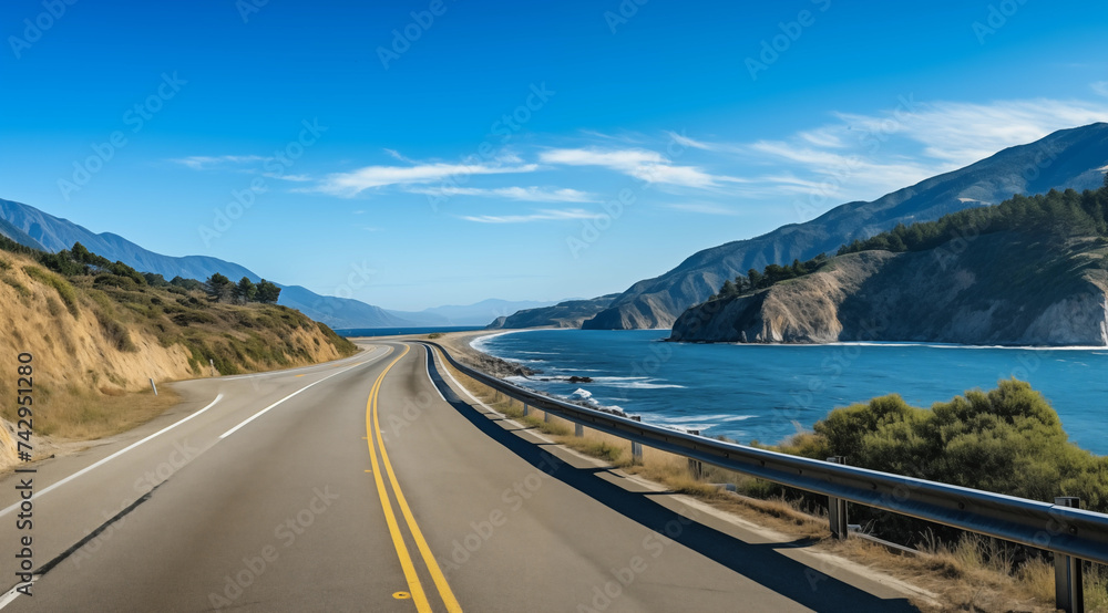 long road along to the ocean leading to the sea - paradise beach coast landscape - travel vacation promotion ad asset illustration long road along to the ocean leading to the sea - paradise beach coast landscape - travel vacation promotion ad asset illustration