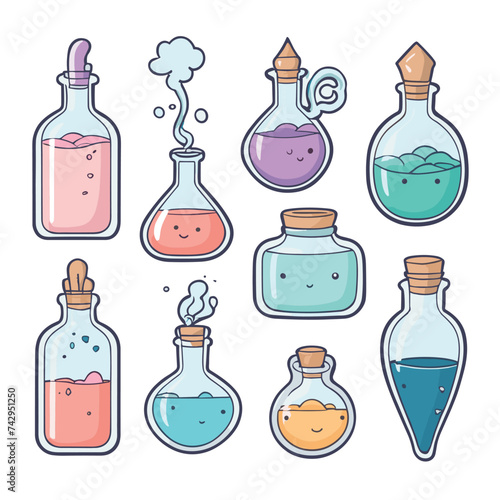 Colorful cartoon potion bottles with happy faces create a whimsical and playful vibe, perfect for fantasy themes.