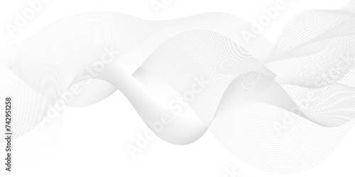 Modern white blend digital wave line and technology transparent background. Minimal carve wavy white flowing wave lines and glowing moving lines. Futuristic technology and sound wave lines background.