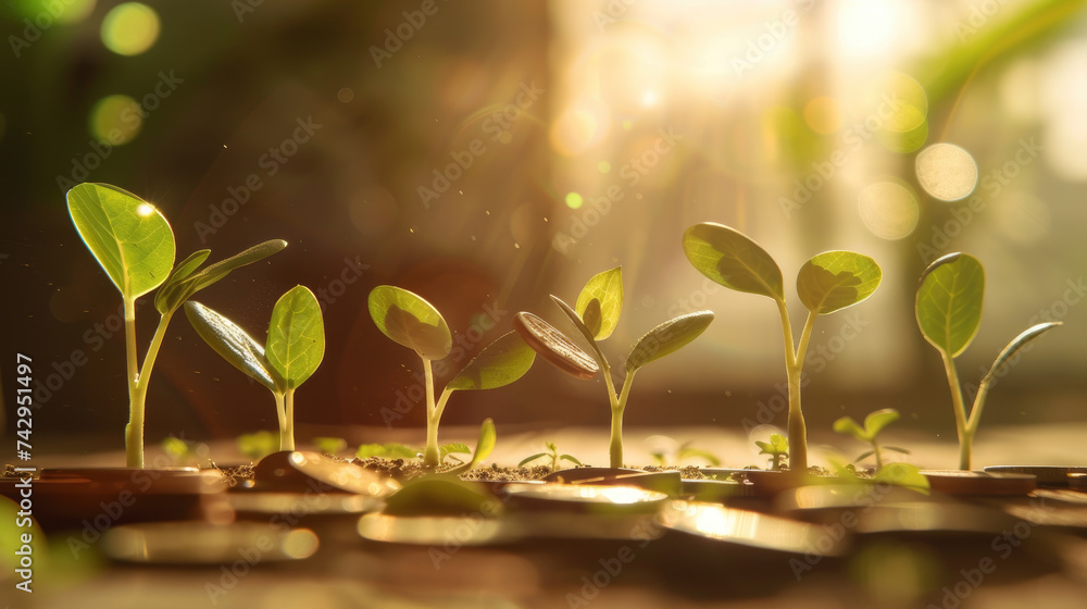 A close up of vibrant green sprouts emerging from coins symbolizing money growth on a wooden desk background Coins scattered sunlight filtering through a window casting dynamic shadows - obrazy, fototapety, plakaty 