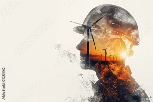 The double exposure image of the engineer standing back during sunrise overlay with wind turbine image.The concept of engineering, power,renewable,wind turbine electricity,environment and future. photo