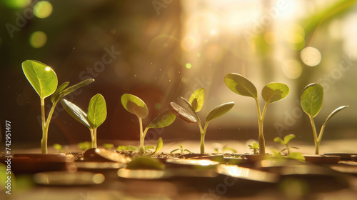 A close up of vibrant green sprouts emerging from coins symbolizing money growth on a wooden desk background Coins scattered sunlight filtering through a window casting dynamic shadows