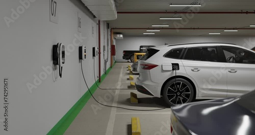 Generic electric crossover car connected to charging box. EV vehicle plugged in energy station, recharge battery at shopping mall or urban city house parking lot. 3D animation