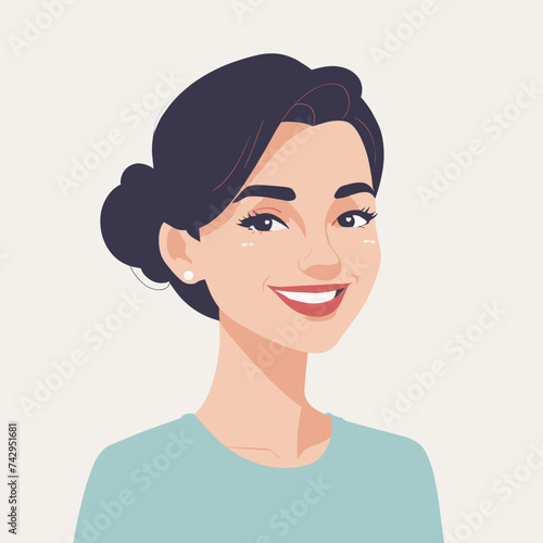 Illustration of a smiling young woman with dark hair in a bun wearing a light blue shirt on a neutral background.