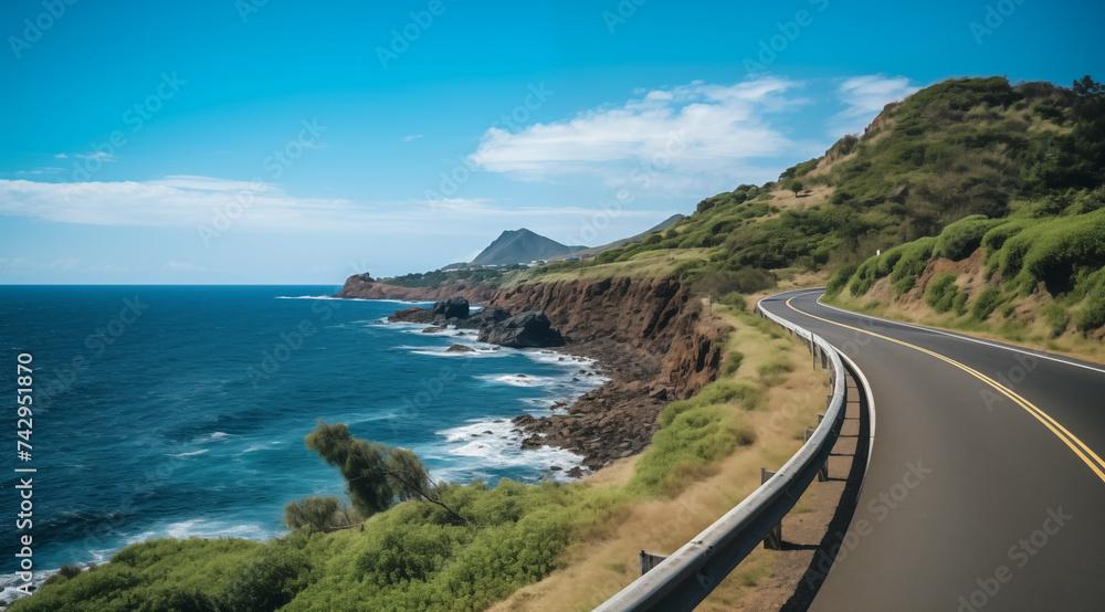 long road along to the ocean leading to the sea - paradise beach coast landscape - travel vacation promotion ad asset illustration