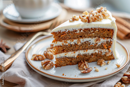 Delicious slice of carrot cake on a plate, rich cream cheese frosting, topped with walnuts, cozy cafe setting, celebrating National Carrot Cake Day